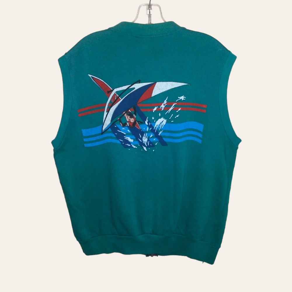 VTG Campus Sport Teal Sleeveless Zip Up Jacket With Wind Sailing Back Graphic LG
